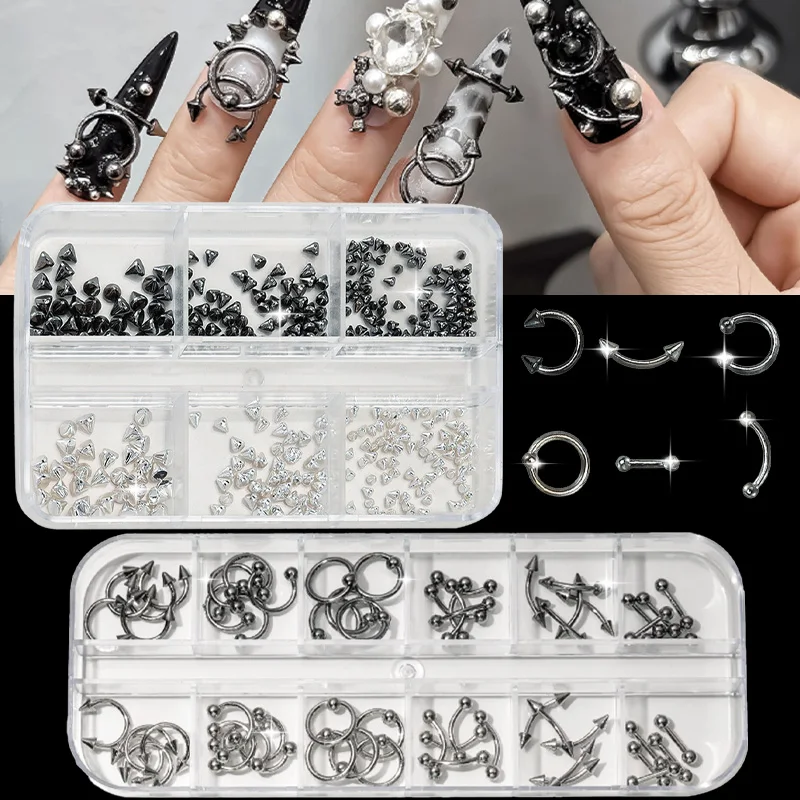 Nieten-Nageldekorationen im Y2K-Punk-Stil, Nagelkunst-Zubehör aus Sternlegierung, 12 Box gemischtes Set für DIY verschiedene Maniküre-Stile