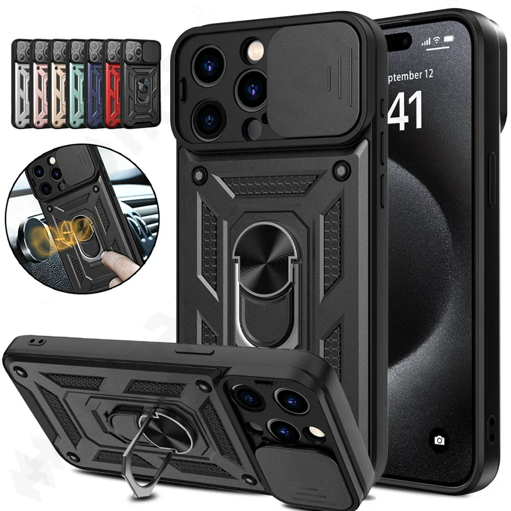 Shockproof Case For iPhone 16 15 14 13 12 11 Pro XS Max XR Plus Camera Lens Cover Phone Case with Ring Stand Armor rotate Cover