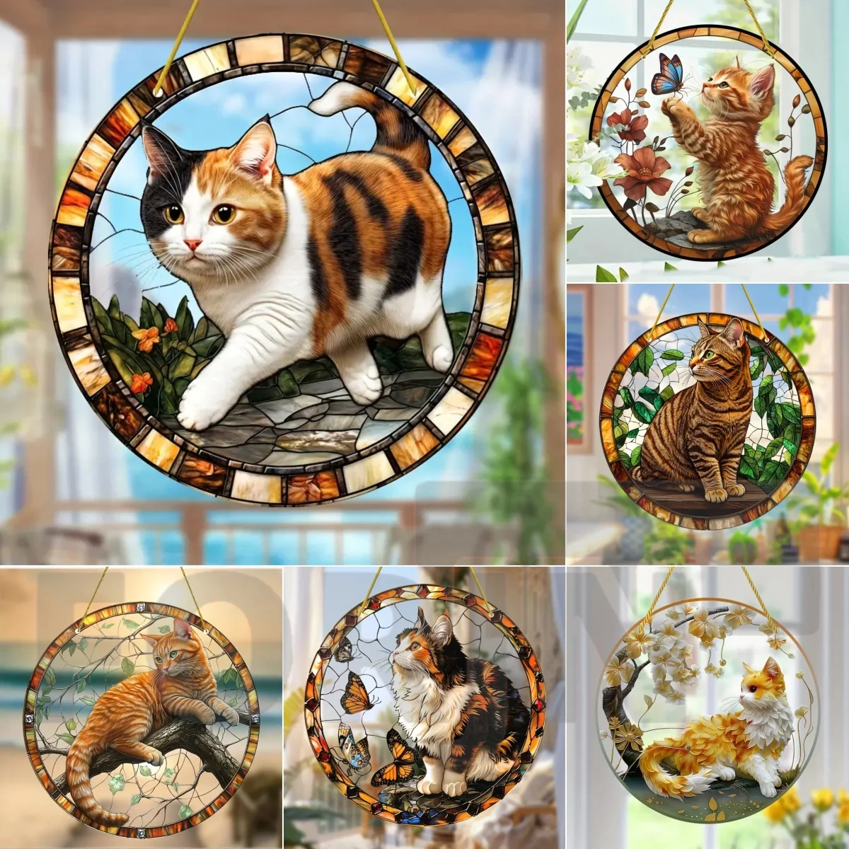Lebhafter und schöner Sonnenfänger für Haustiere mit Katzenflecken, rund, durchscheinend, zum Aufhängen aus Acryl, für Veranda, Tür, Zuhause, Garten, Hof, Raumdekoration, ideales Geschenk