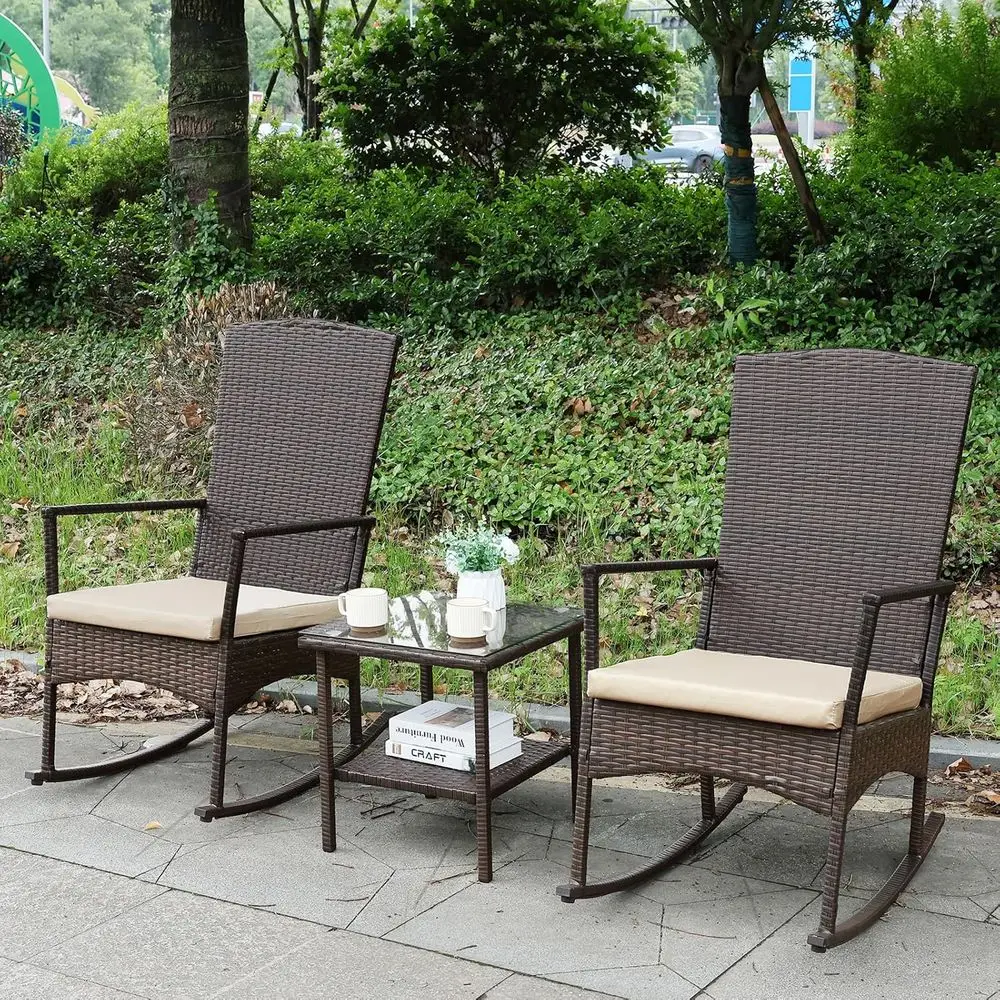 

3-Piece High-Back Outdoor Rocking Chair Set with Patio Table, Khaki