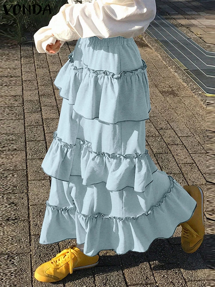 

VONDA Autumn Long Maxi Skirts Women High Waist Cake Skirts 2025 Fashion Ruffled Pleated Overskirts Casual Solid Color Faldas