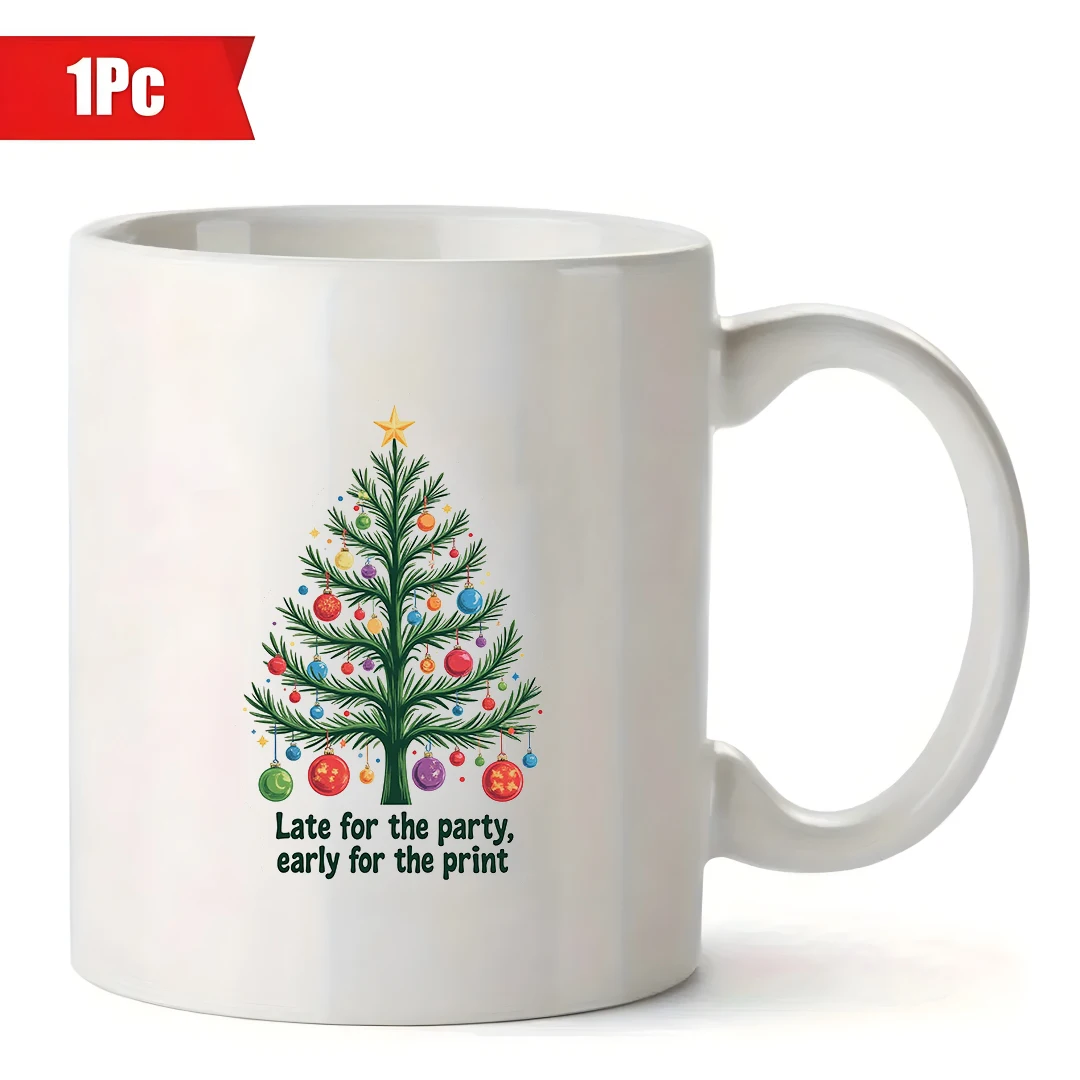 Tazza da 11 once + adesivo per albero di Natale dei cartoni animati + decorazioni creative Regalo di Natale Tazza per bambini Tazza da caffè per ufficio familiare