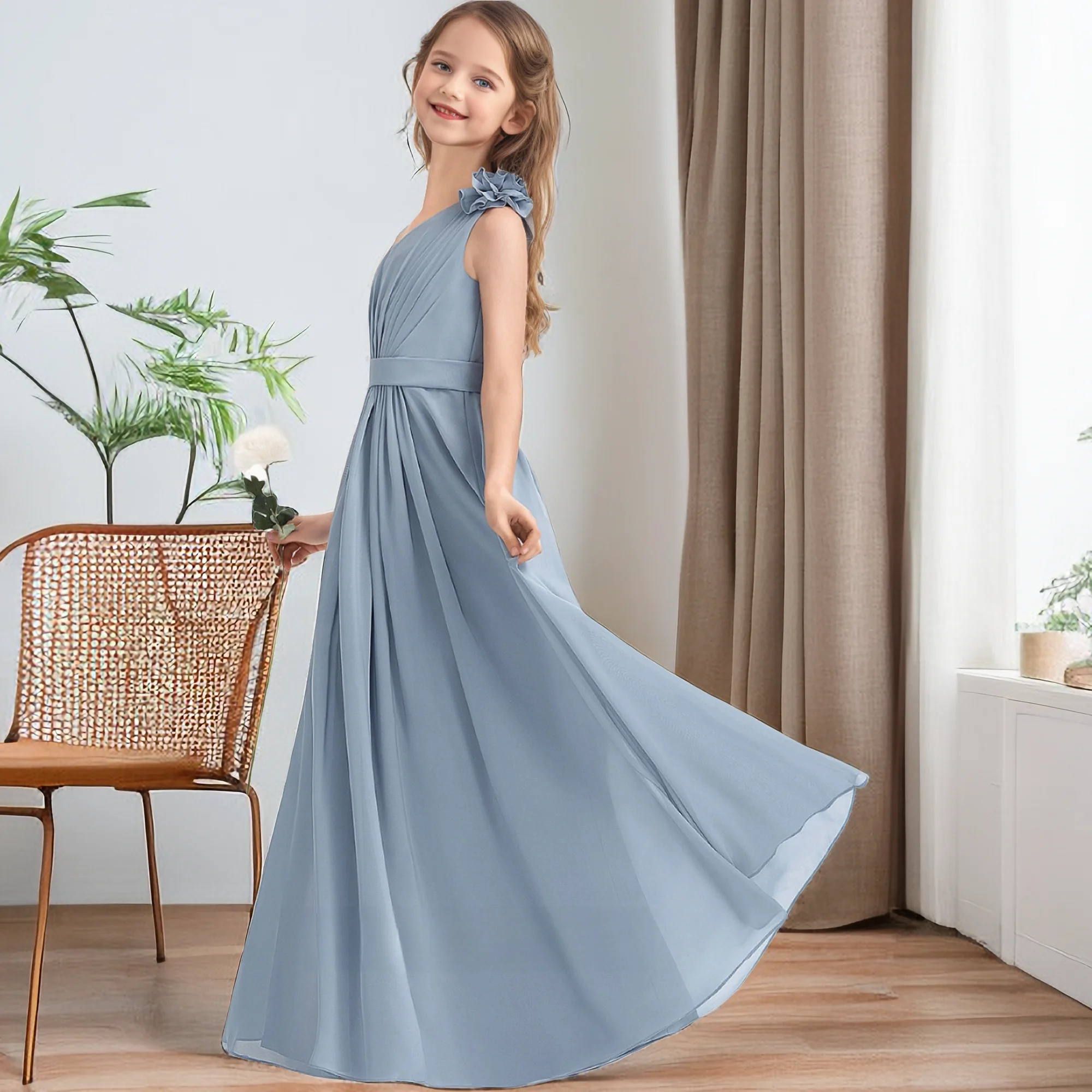 One-Shoulder Chiffon Junior Bridesmaid Dress For Children Festivity Celebration Wedding Ceremony Prom Night Ball-Gown Banquet