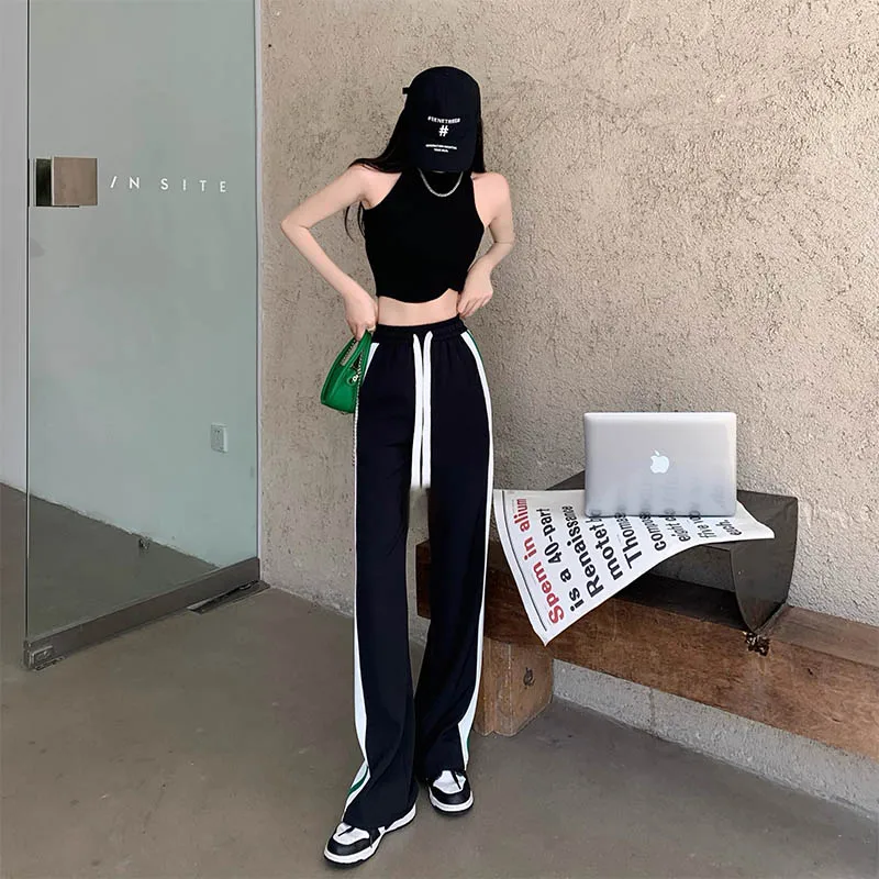 Large size casual leg tied black straight leg American work pants for spring and autumn women chubby mm small stature slim pants