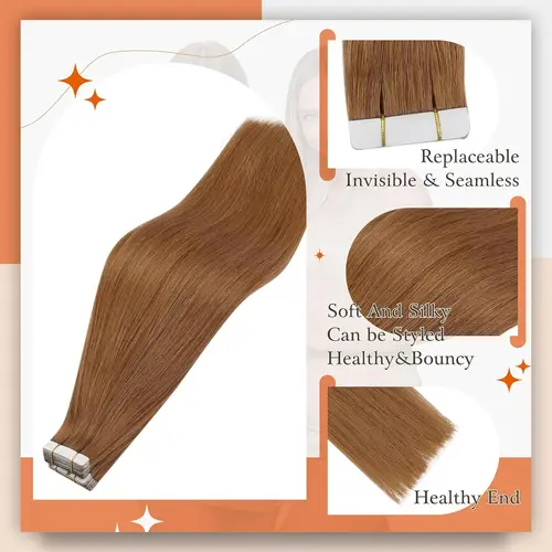 Imagen 2 del producto Cinta brillante para extensiones de cabello humano, cinta lisa Invisible de doble cara #330 de cobre, cómoda y sedosa, Natural, para mujer