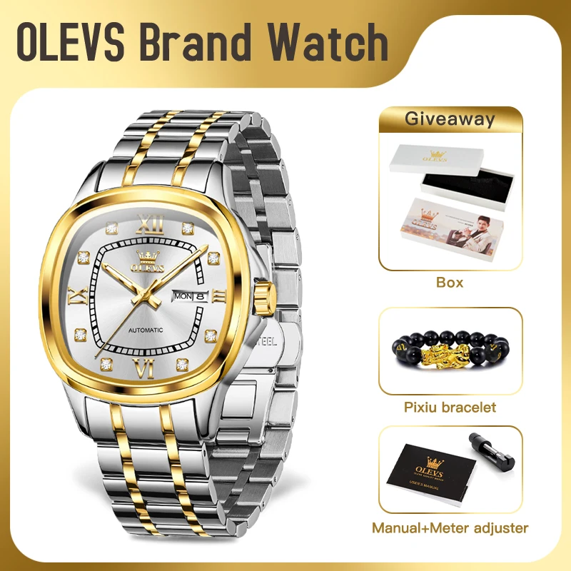 OLEVS 9810 Mens Watch Luxury Original Brand Automatic Mechanical Watch Waterproof Ladies Watch Day-Date Square Watch With Box
