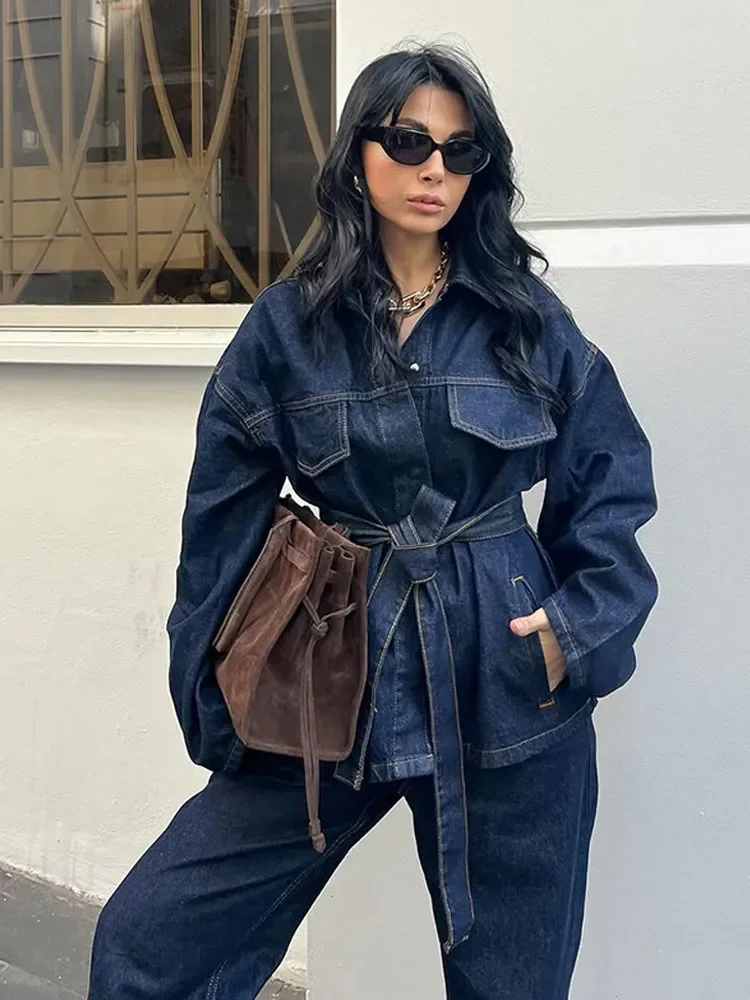 Hot Sale hot Women Fashion 2 Pieces Sets with Belt Denim Jackets & Vintage Front Zipper Jeans Trousers Feamle  Lady Pants Sets