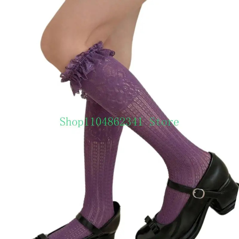 

5asd Women Hollowed Out Knee Highs Socks Sweet Ruffle Trim Frilly Over the Calf Socks Summer Spring Long Tube Socks
