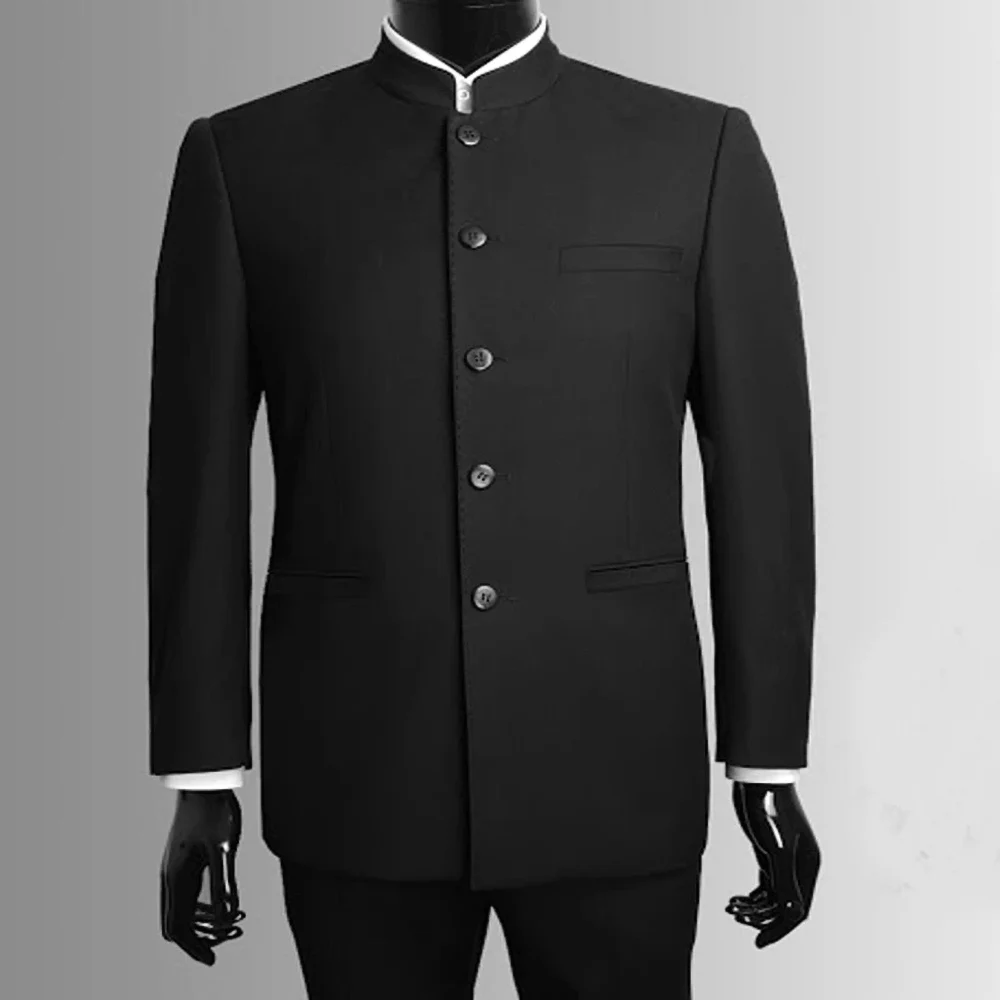 

Black Tunic Men Suits with Stand Collar for Gentleman 2 Piece Chinese Style Wedding Groomsmen Tuxedo Male Fashion Jacket Pants