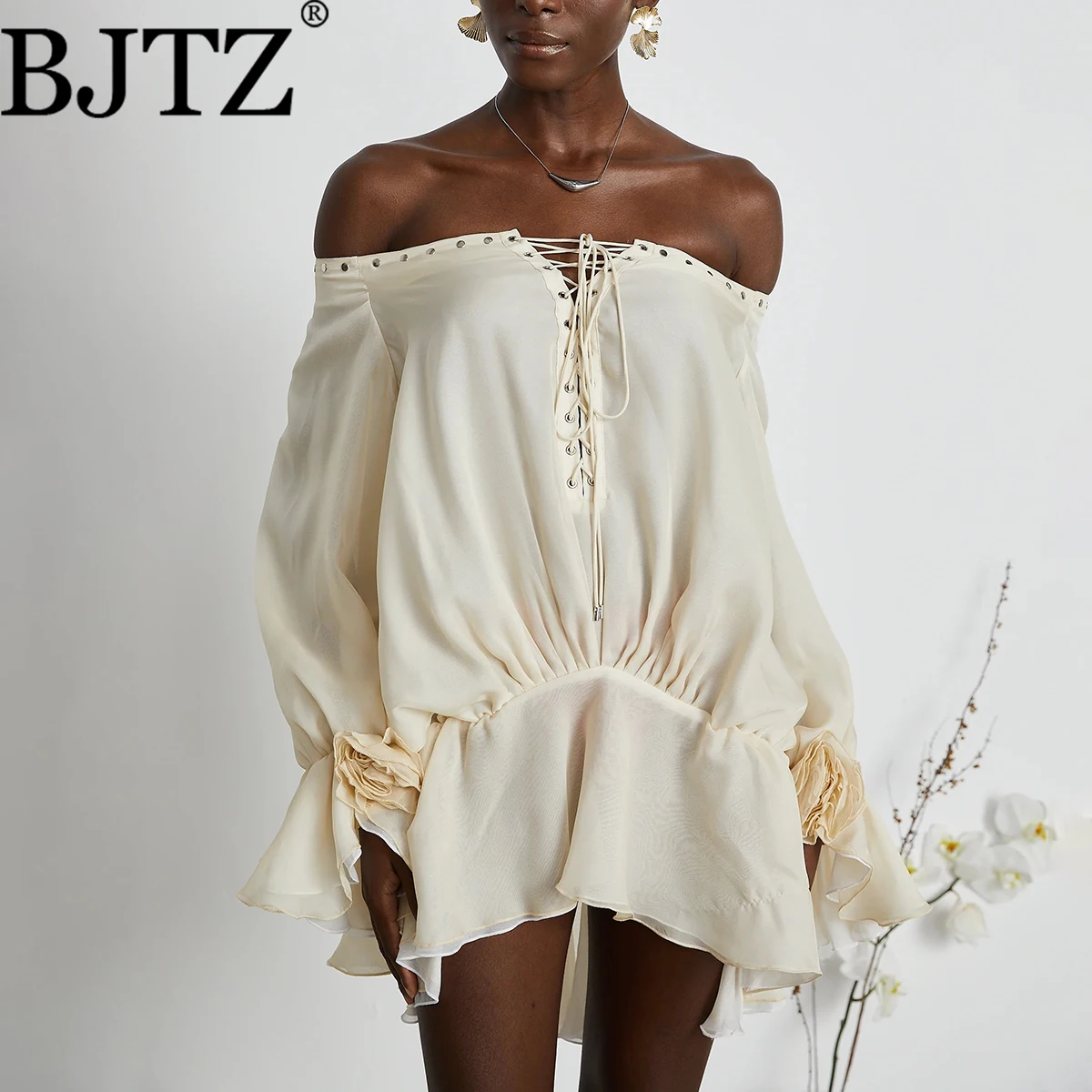 

BJTZ 2026 New Off Shoulder Lace Up 3D Floral Ruffle Patchwork Dress French Style Spring Autumn Holiday Party