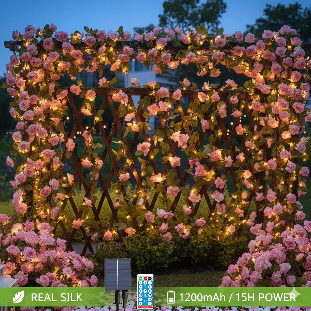 10M 100LED Silk Rose Solar Lights w/Vines & Leaves 1200mAh Remote 8-Modes Realistic Floral Garland for Wedding Arch Garden Decor