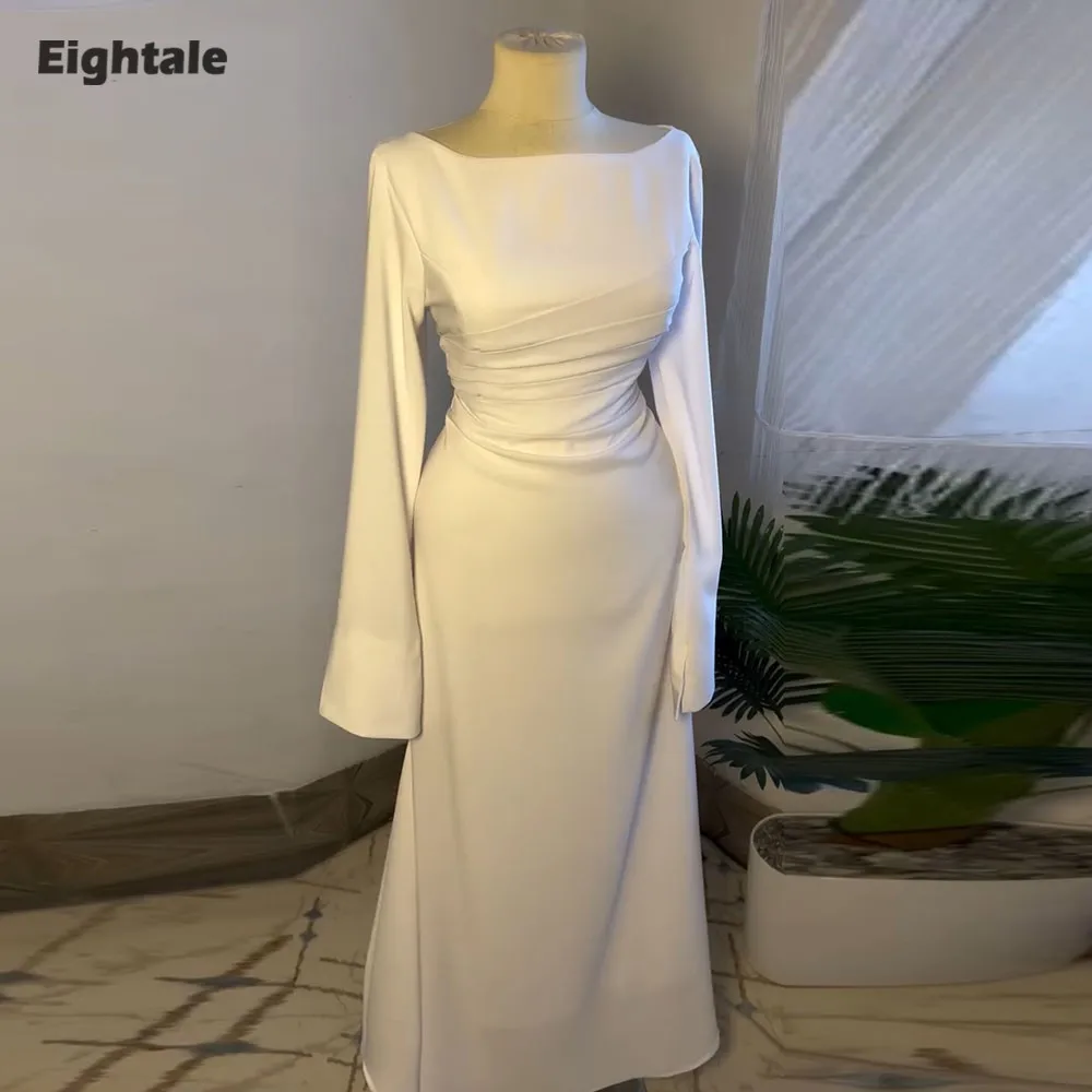 

Eightale Arabic Wedding Dress O-Neck Customized Ivory Satin Bridal Gown Long Sleeves Mermaid Floor Length Bride Party Dress