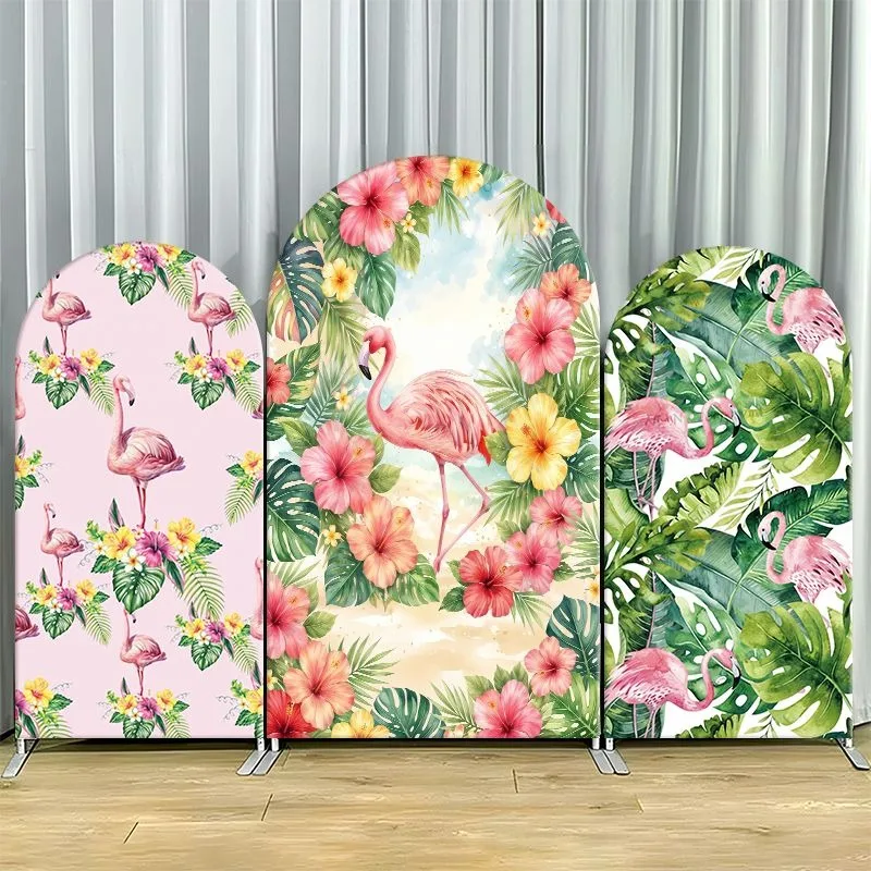 Single Side Arch Backdrop Cover Tropical Flamingo Paradise Background Banner Set Featuring Pink Flamingos Amidst Vibrant