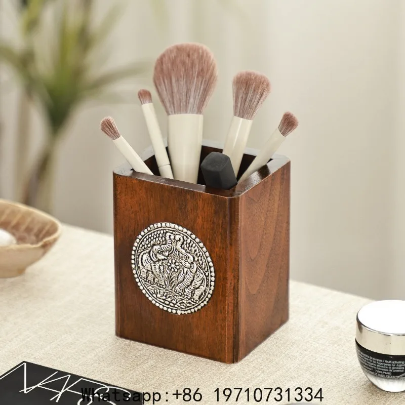 Creative pen holder retro Chinese wooden makeup brush storage holder desktop pen holder storage box ornament