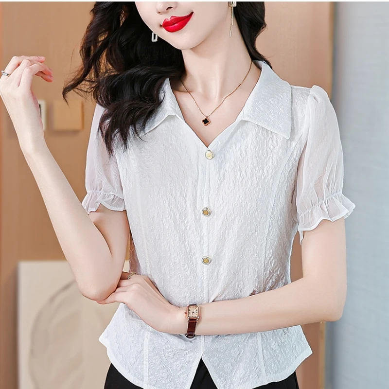 2024 Summer New White Shirt Design Sense Women\'s Bubble Sleeves French Style Slim Fit Gentle and Unique Pullover Shirt Short Sle