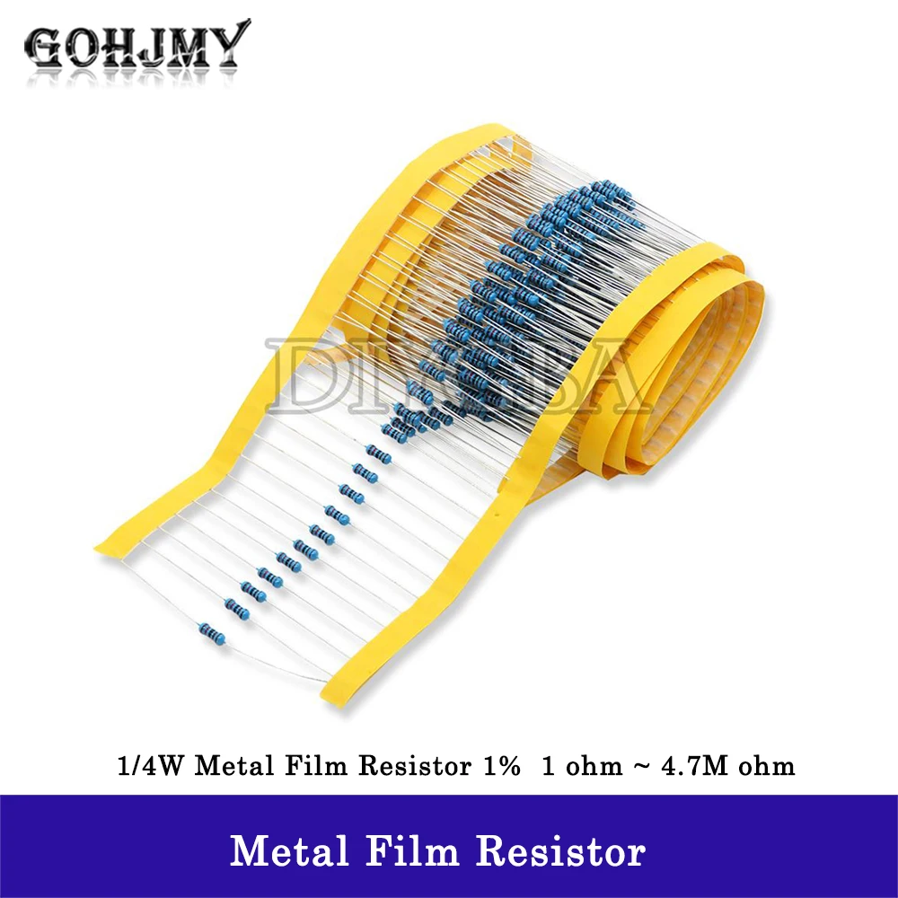 100 buah 1/4W resistor film logam 1% 1R ~ 1M 1K 4.7K 10K 22K 47K 100K 330K 470K 10R 22R 47R 100R 330R 1 2 10 22 47 100 330 ohm