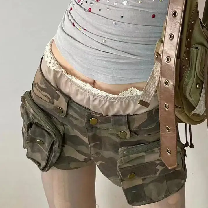 Vintage Women's Denim Shorts Low Waisted Pockets Camouflage Y2k Casual Jeans Cargo Pants Gothic Green Short Jeans