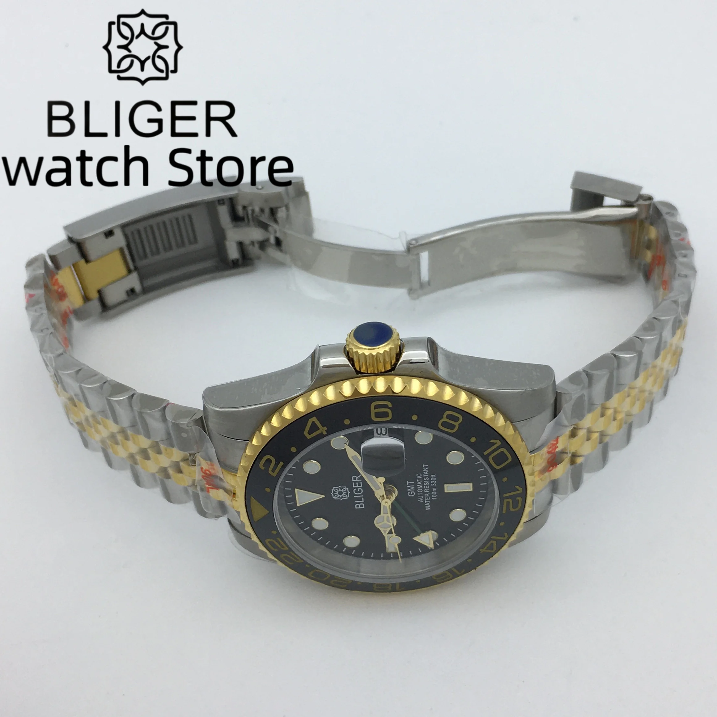Bliger40mm Gold Silver Case Automatic Men's Watch Sapphire glass NH34 gmt Automatic Date Window Metal strap Ceramicluminousbezel