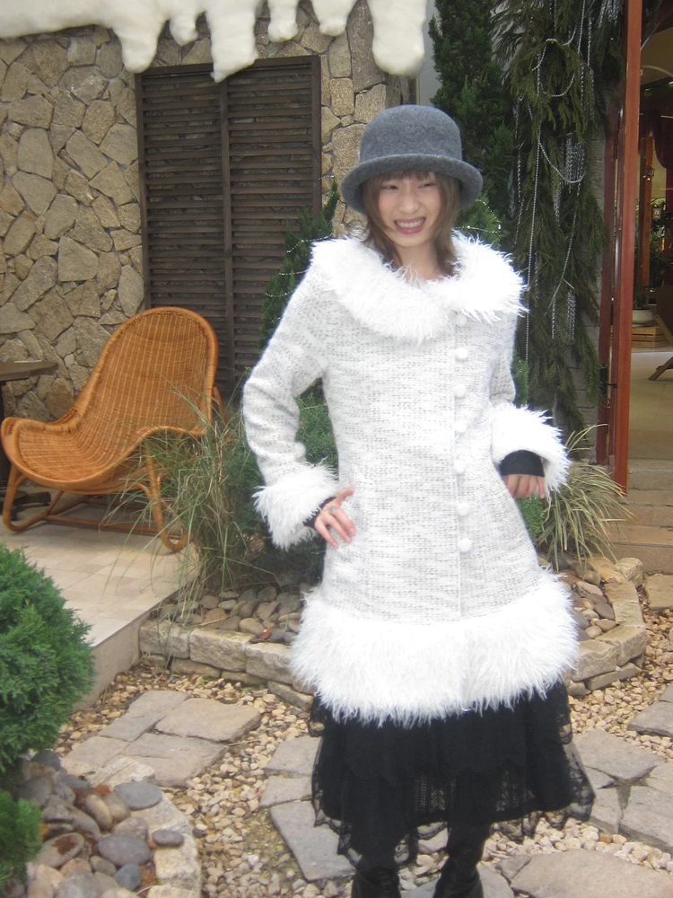 

Original Woolen Mink Sugar Series Gentle Autumn Winter Japanese Sle Splicing Furry Coat Medium Length Button Decorated Wome...