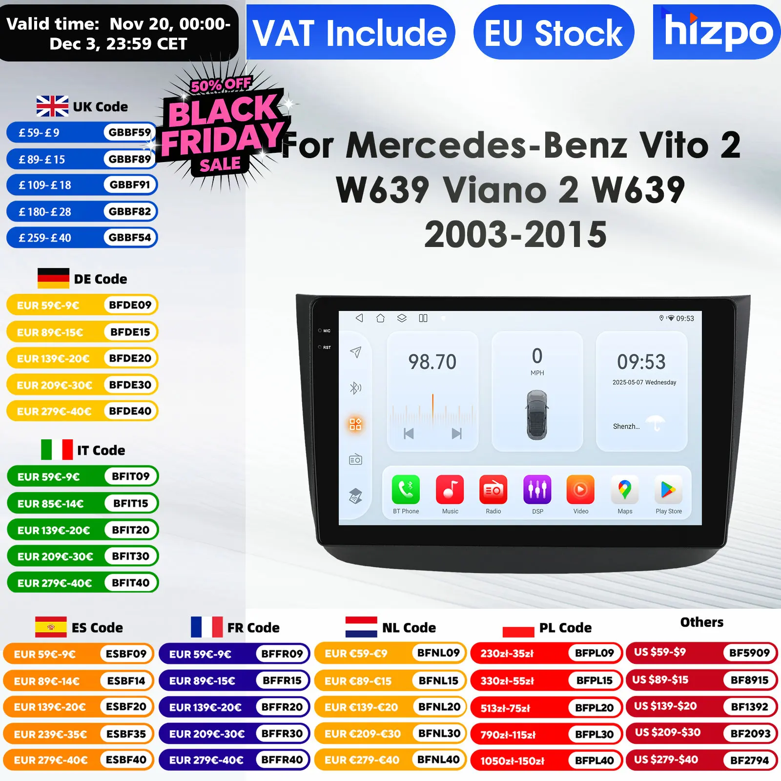 Hizpo Android 14 Autoradio für Mercedes Benz Vito 2 Viano W639 2003–2015 Multimedia-Video-Player GPS Carplay 4G WIFI Autoradio