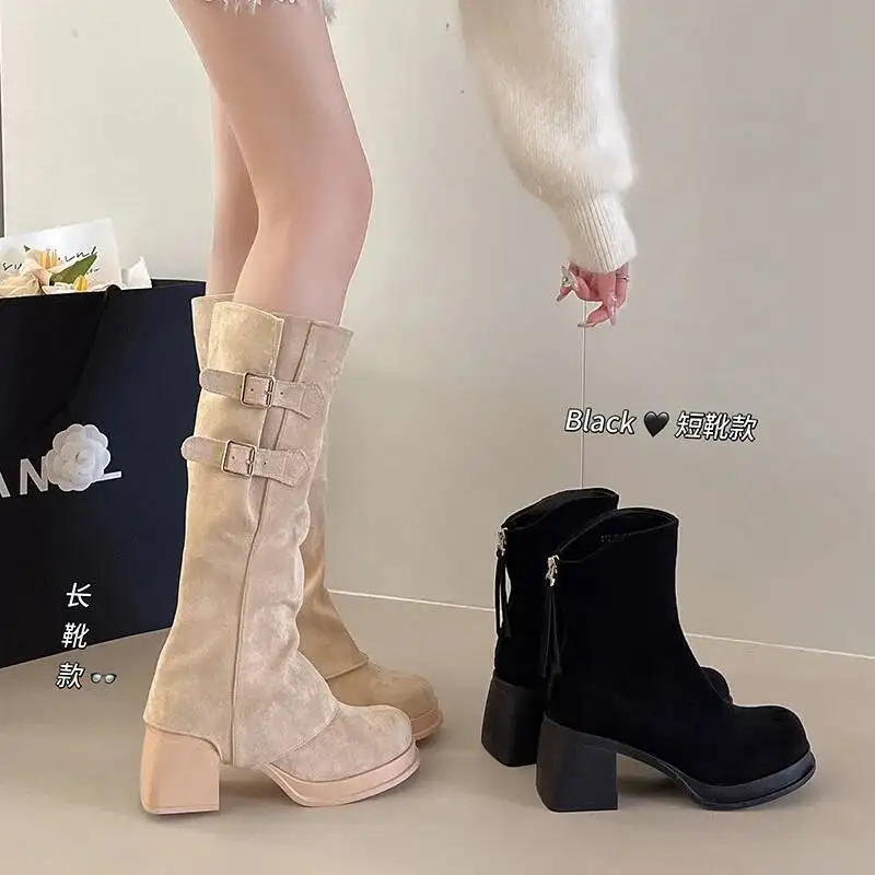 

Women Ankle Boots 2026 Spring New Women's Beige Calf Boots Removable Shaft Block Heel Retro Slimming Knight Boots