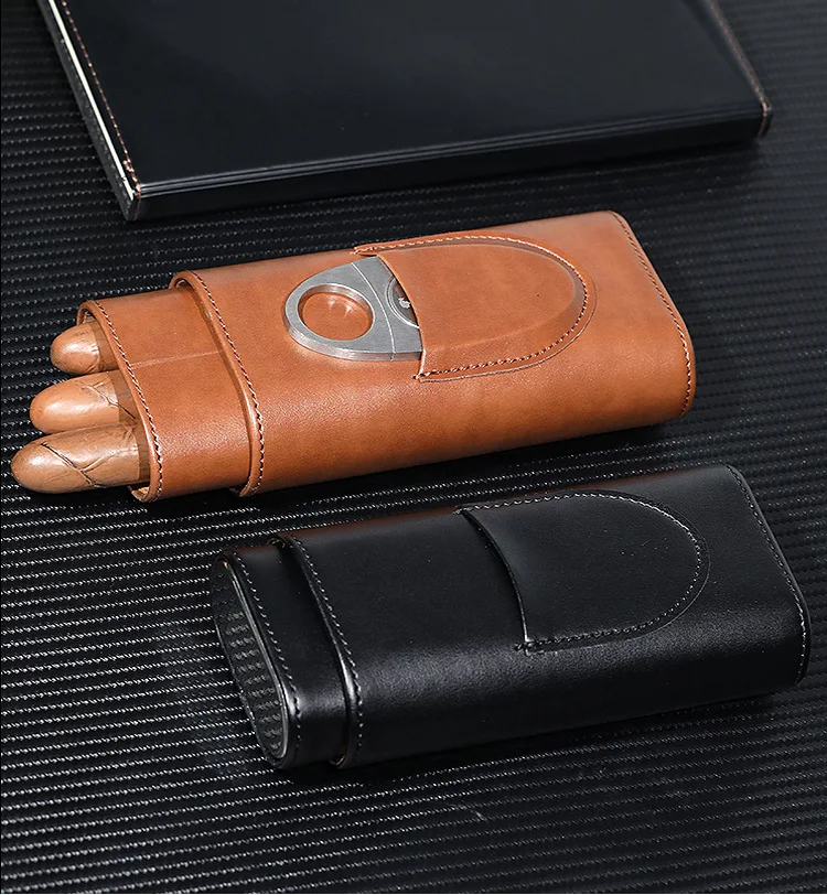 Leather Cigar Case 3 Finger Cigar Pouch with Cedar Wood Lining Cigar Accessories