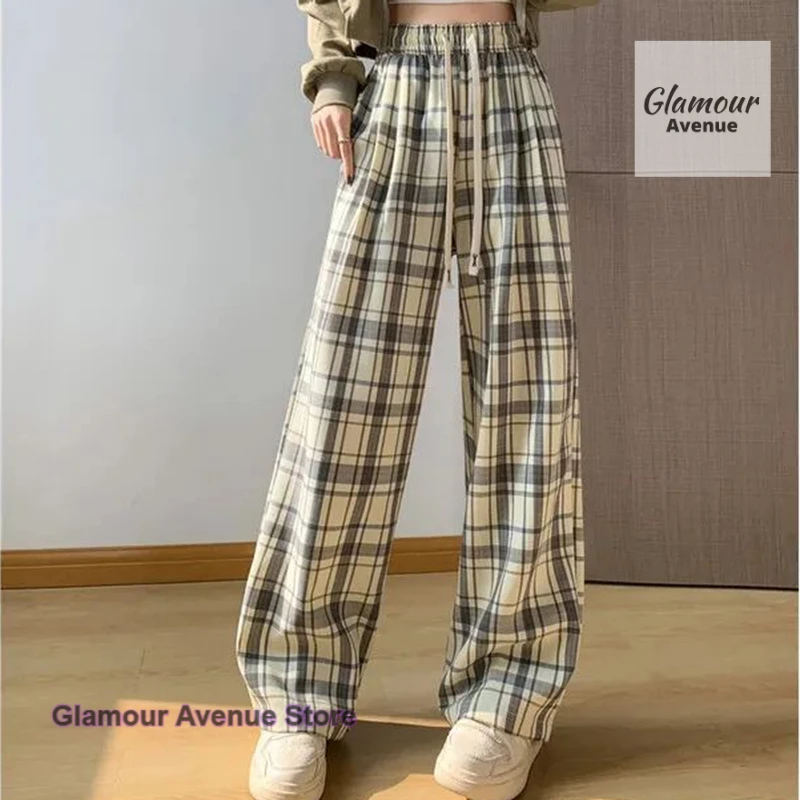 

French style retro plaid British pants women's summer new fashion thin ice silk lace casual Joker high waist straight pants.
