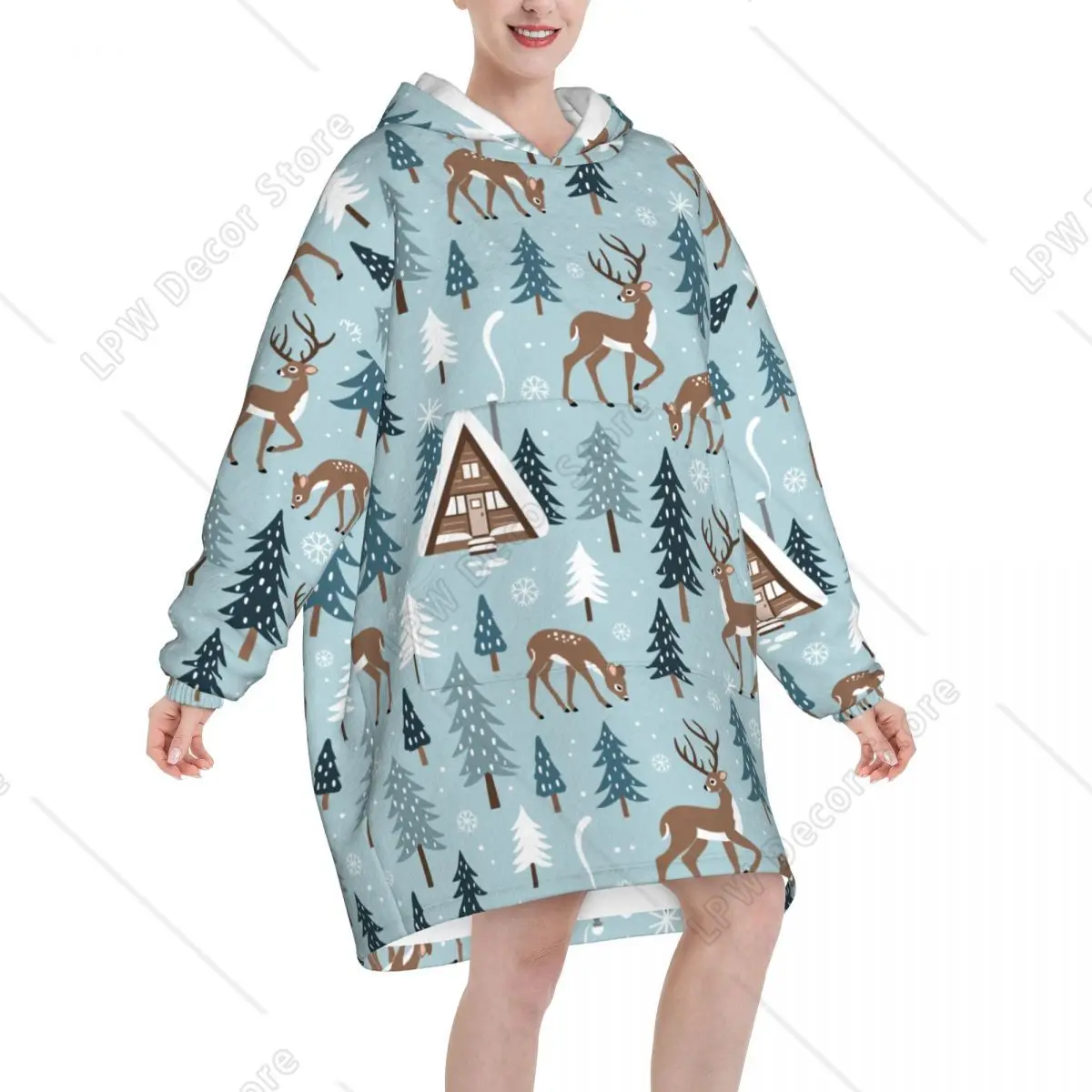 Cute Winter Deer Wearable Blanket Hoodie for Women Warm Cozy Large Snowy Woodland Cabin Pine Trees Blanket Sweatshirt