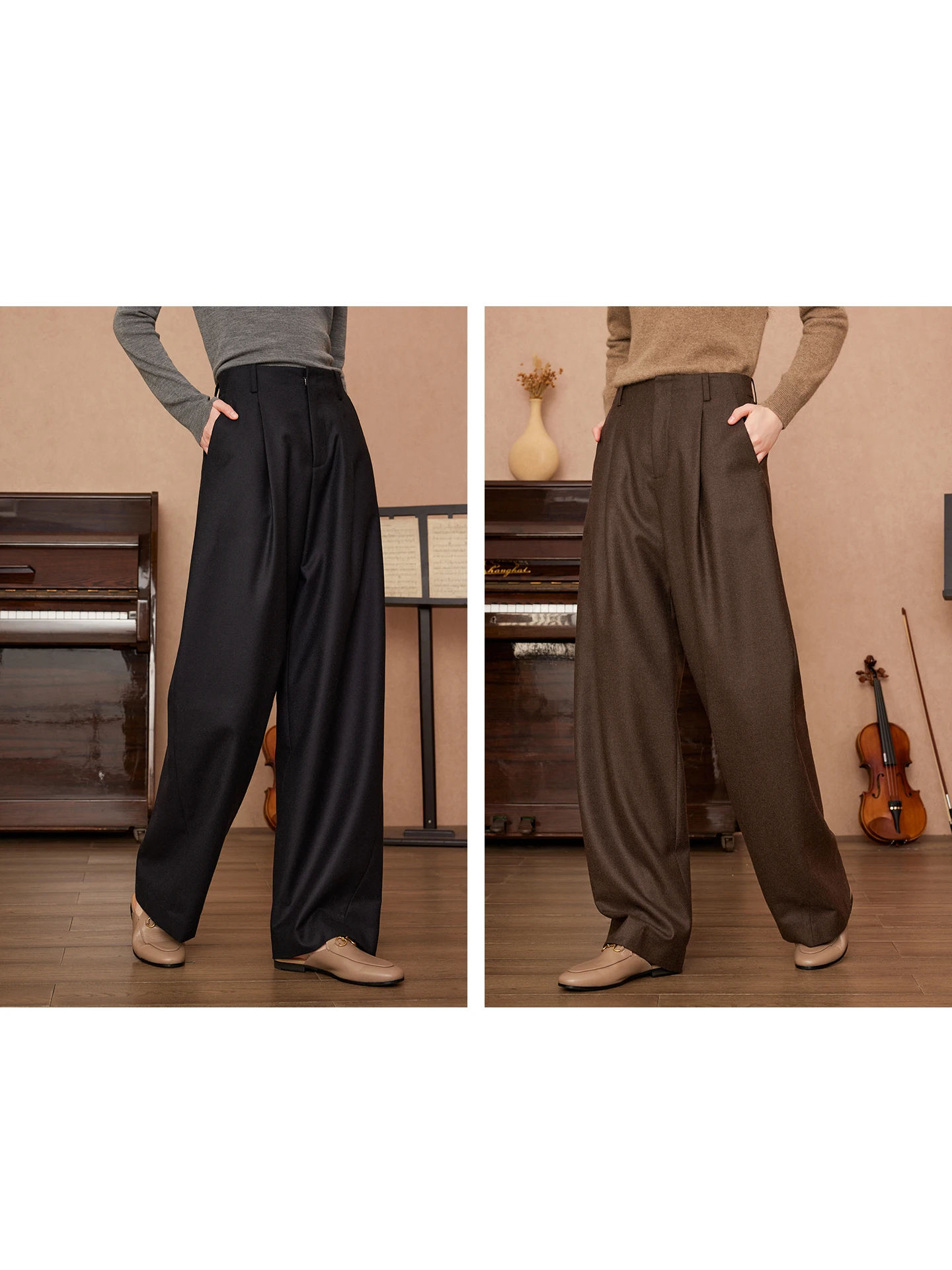 

Retro High Waist Wide Leg Pants Pure Wool Loose Drapey Commuter Sle Autumn Winter Women's Casual Trousers by RIZOUZH
