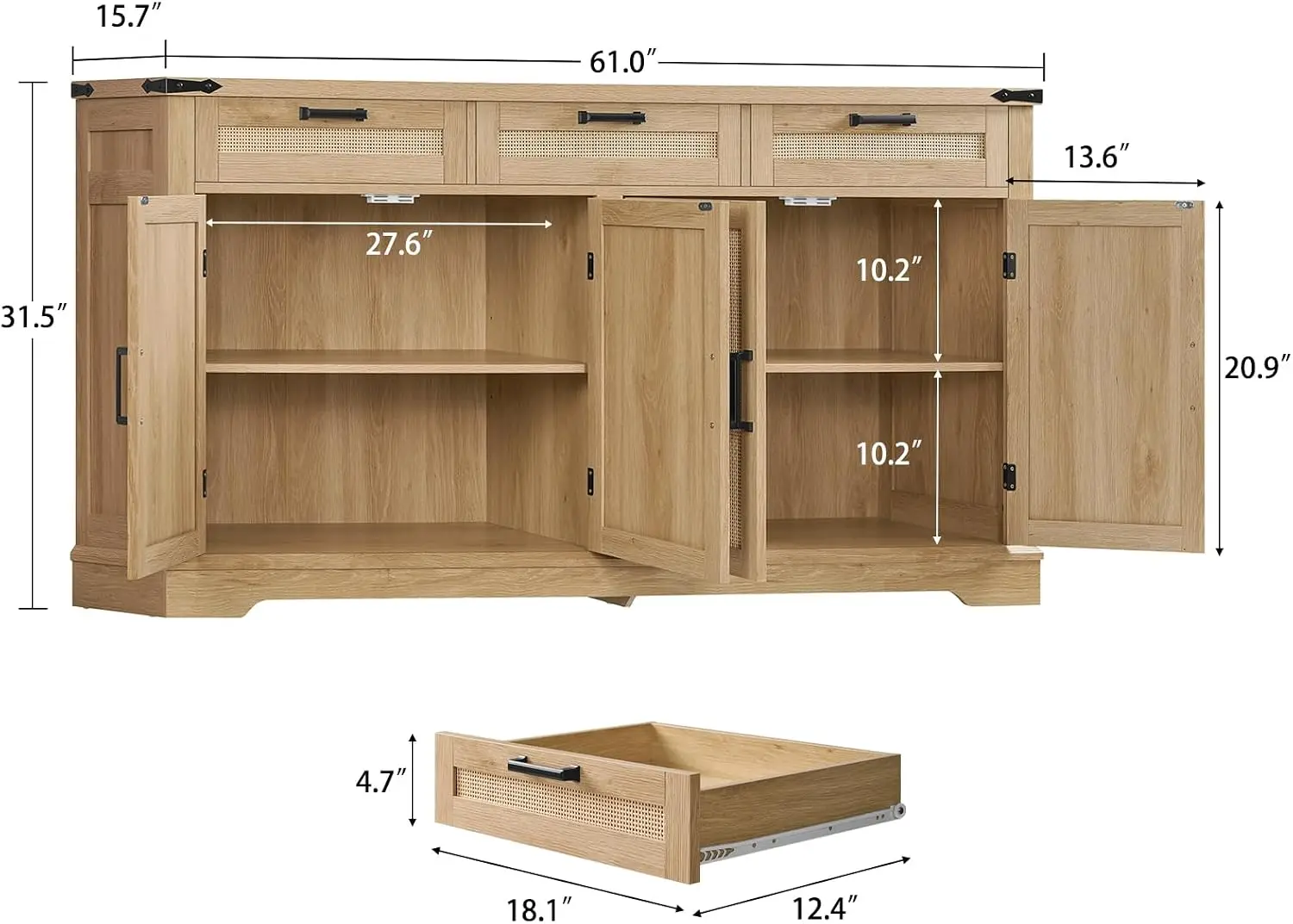 61‑Inch Natural Farmhouse Sideboard Buffet Storage Cabinet with 4 Doors and 3 Drawers, Accent Console Table for Kitchen, Dining Room and Living Room