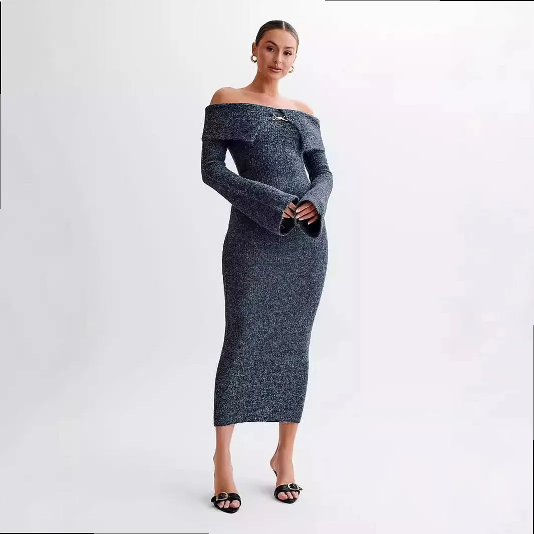 Knit Sweater Dress Women One Shoulder Bodycon Midi Dresses Slim Fit Knitted Pullover Dresses - view 3