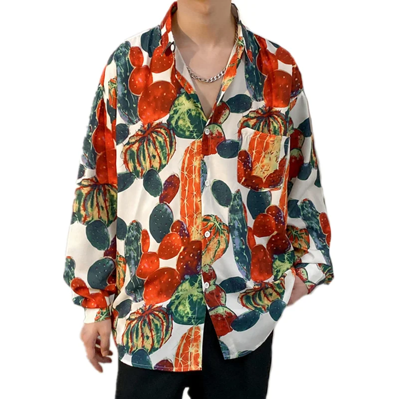 2023 Summer Hawaiian Shirt Men Cactus Full Print Shirts Tropical Plant Long Sleeve Blouses Vacation Vintage Camisas