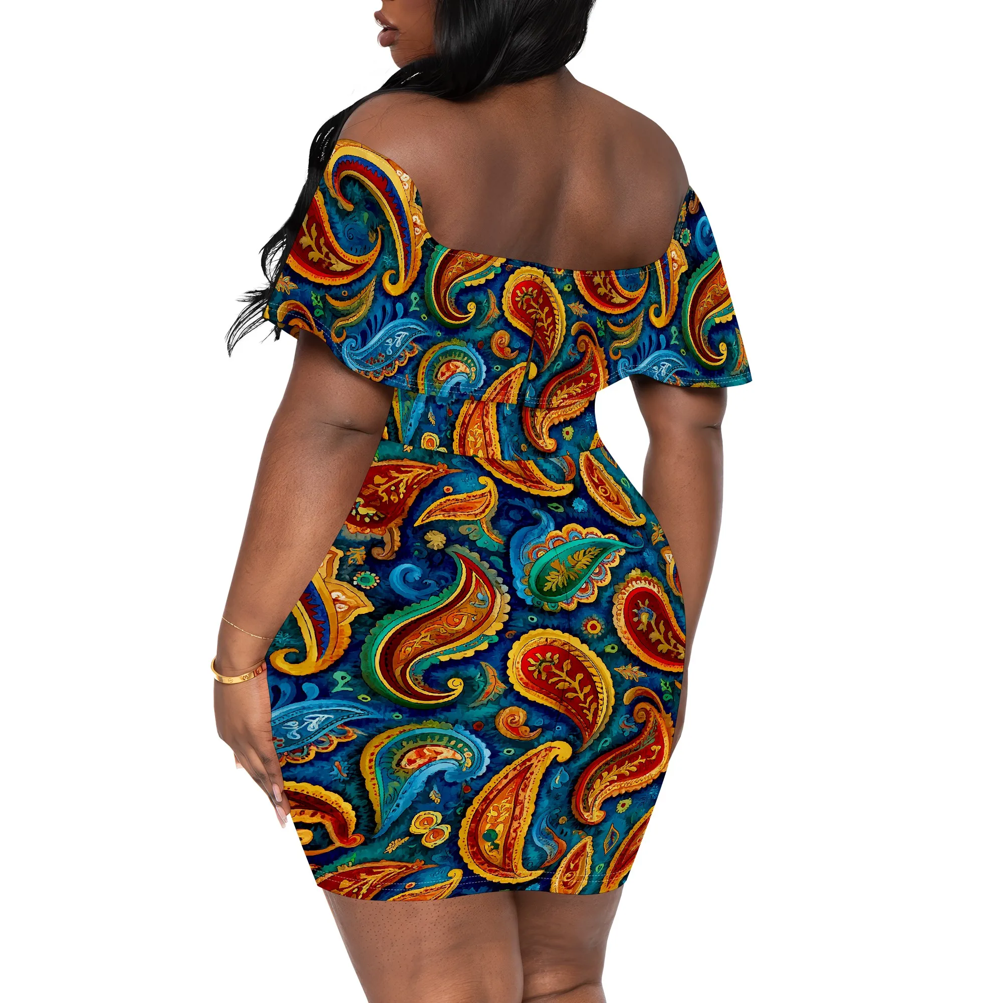 Paisley Boho Print Off Shoulder Dress S-3XL 2025 Ruffle Mini Bodycon for African Festival or Creative Summer Market Look