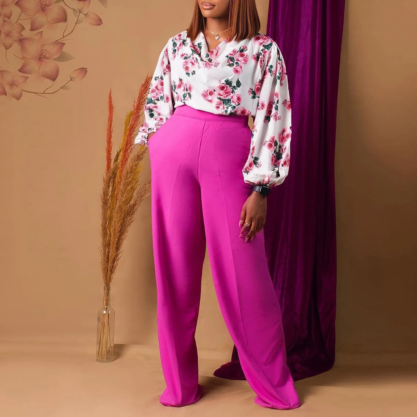

D3235 Plus Size Women's New Fashion Printed Tie Top Wide Leg Pants Ol Two-piece Set Dress Elegant Robe Vestidos Femme Clothes