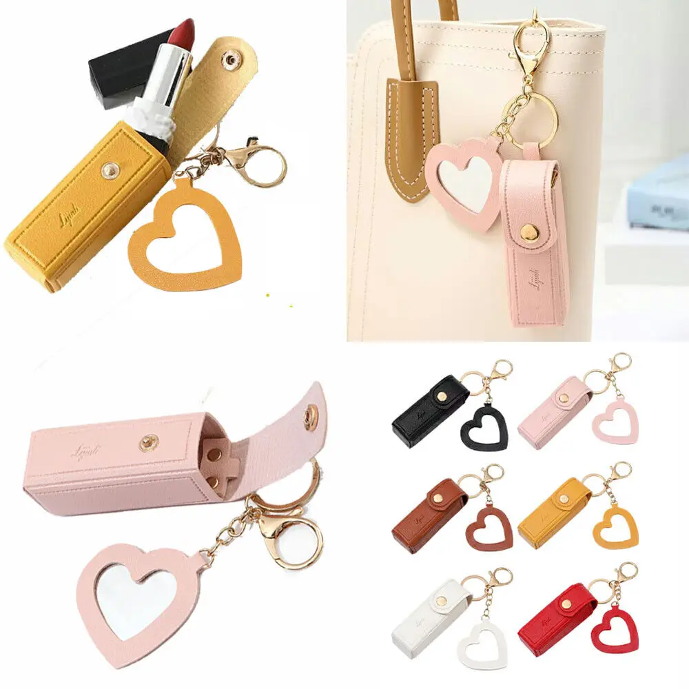 Portable Leather Lipstick Bag Makeup Pouch Lip Balm Bag Keychain Holder Lipsticks Protective Cover with Mirror for Women Gift