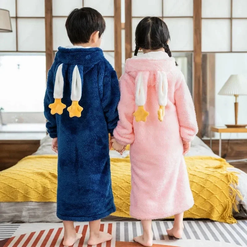 3611-4Children's nightgown men's autumn and winter plus velvet thick coral velvet pajamas hooded long girl bathrobes in the big