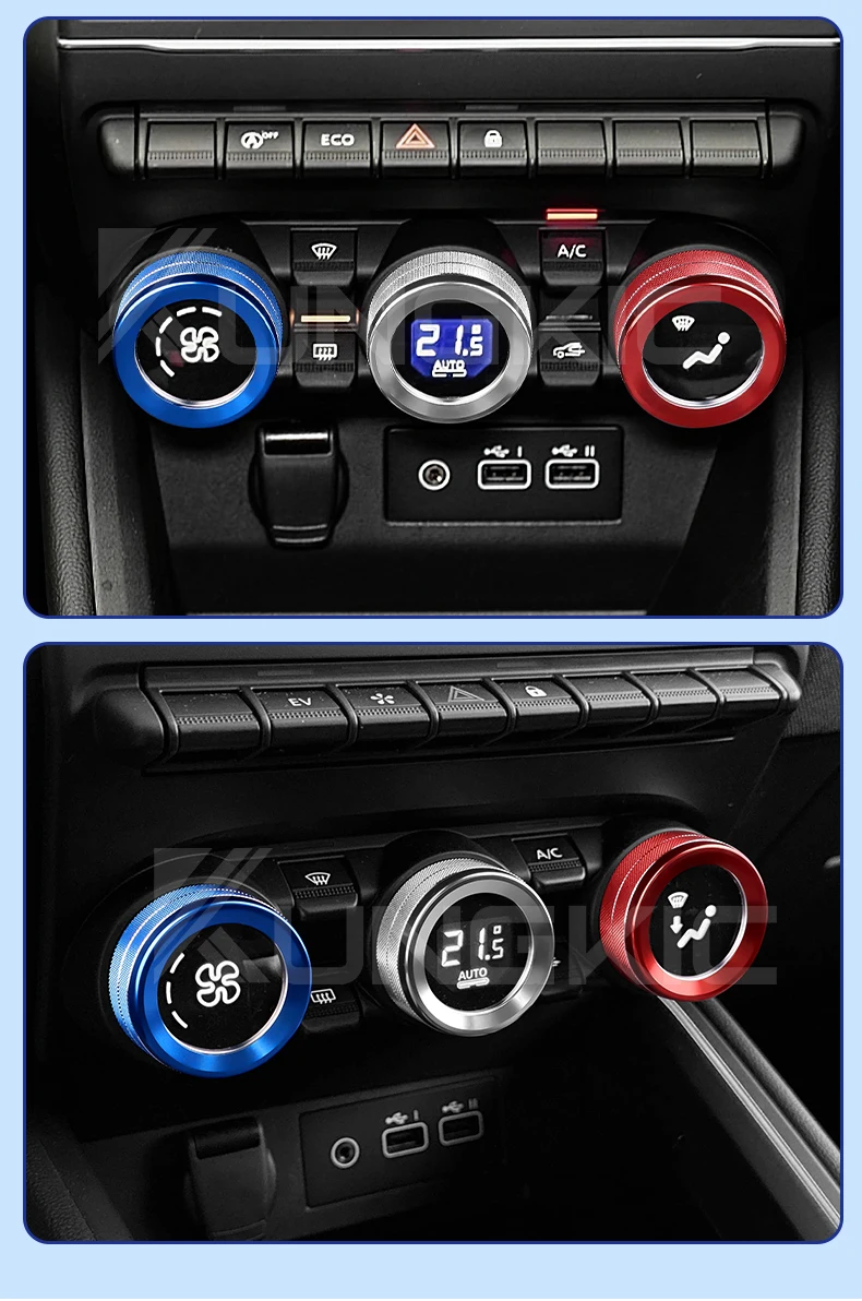 Für Renault Clio 5 2019 2020 2021 2022 2023 2024 2025 Dreifarbige AC-Einstellknopfringe ﻿ Zentrales Zubehör – Detail 9