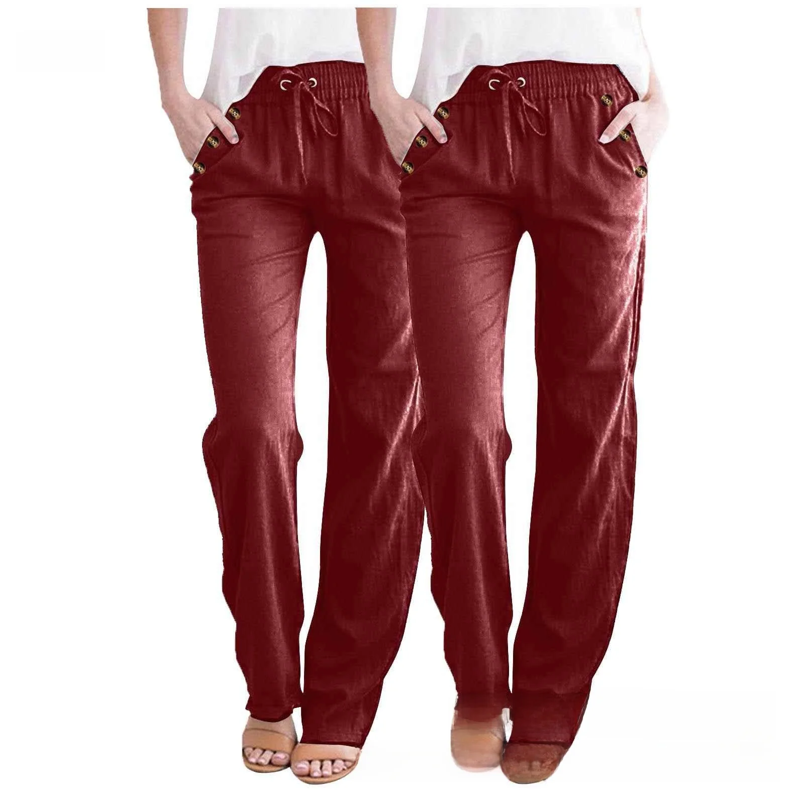 New Pure Color Cotton Linen Women's Loose Drawstring Casual Wide Leg Pants Combination Item eBaywish Casual Straight Leg Trou...