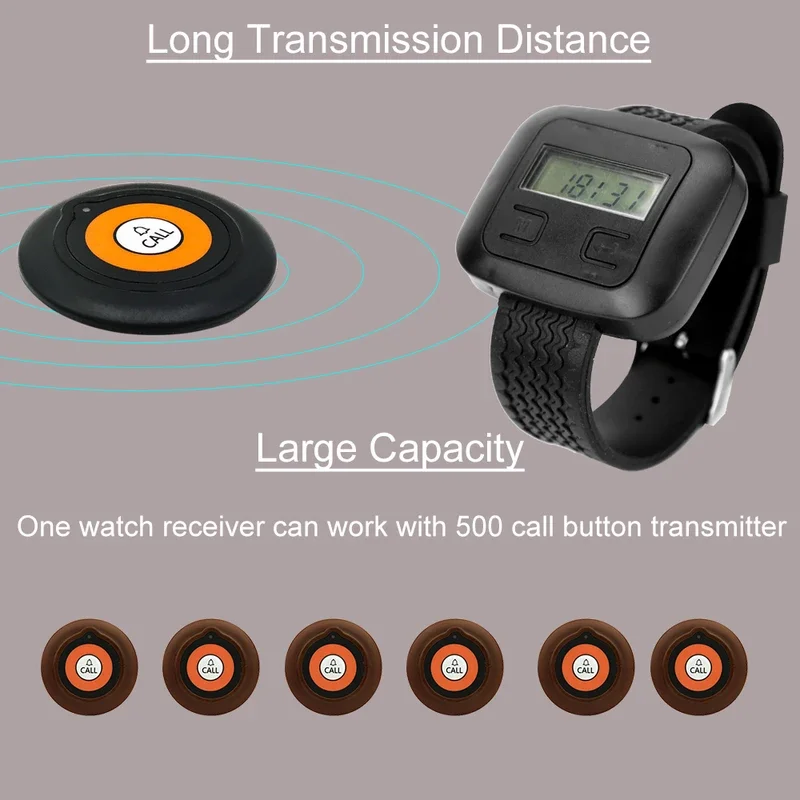 QWICALL 433MHz Wireless Calling System With Long Distance 2 Call Bells 2 Watch Pager Receiver For Restaurant, Cafe, Bar