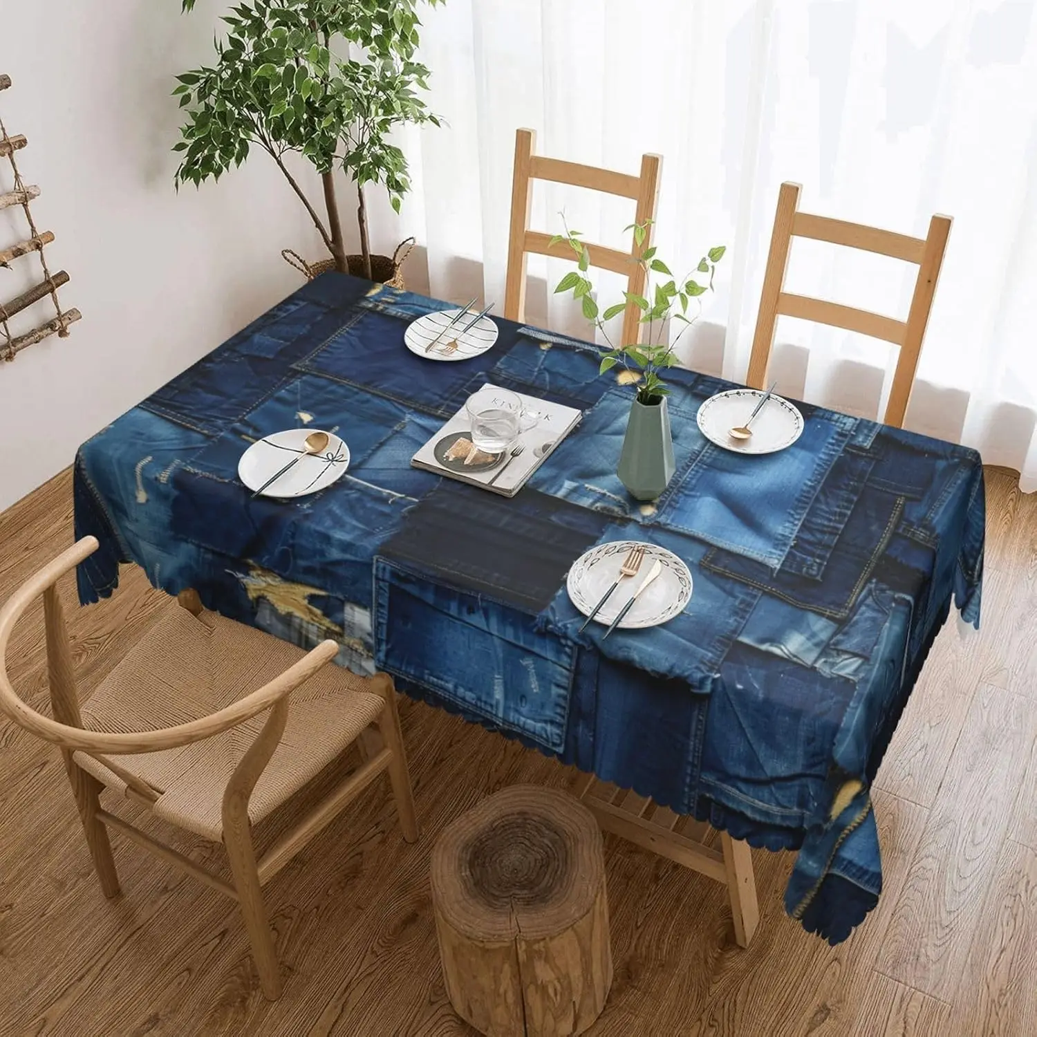 Patchwork Denim Remnants Print Rectangle Tablecloth Romance Indigo Washable Seasonal Tabletop Cover for Kitchen Dining Party