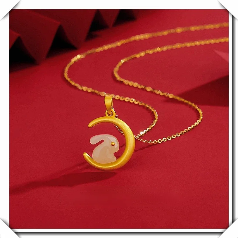 

Real Gold Color Jade Rabbit Pendant Women's Necklaces Chain Valentine's Day Wedding Engagement Fine Jewelry Neck Chains Gifts