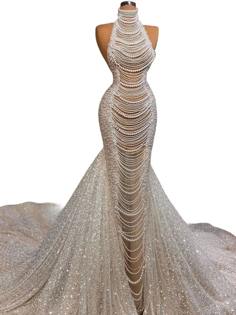 Luxury Halter Pearls Bride Dresses Sleeveless Long Train Illusion Wedding Dresses For Women Custom Made Bridal Gown