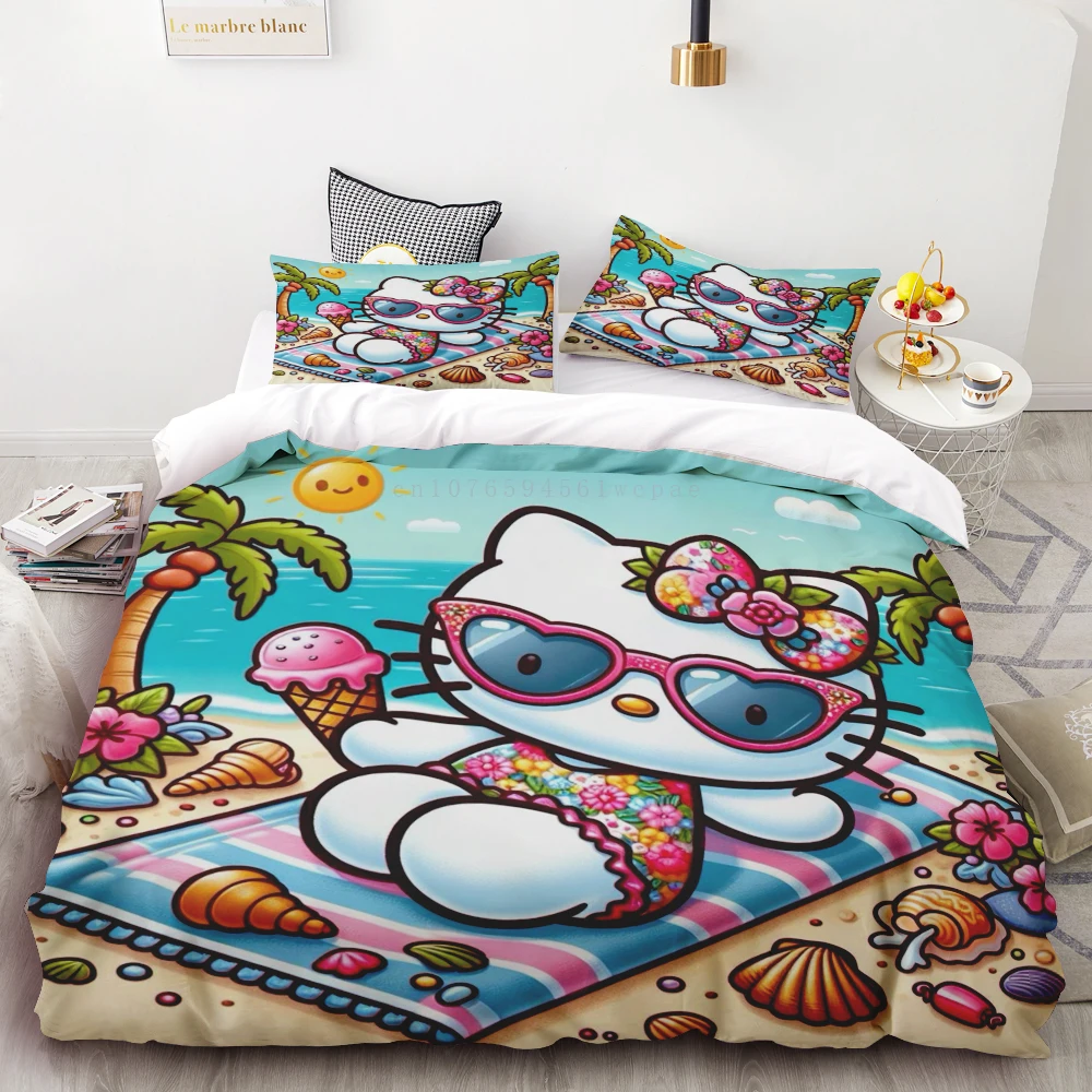 

Hello Kitty New Design Duvet Cover Cute Seaside Resort Style Cartoon Bedding Set Bedroom Decoration Children Teen Gift Full Size