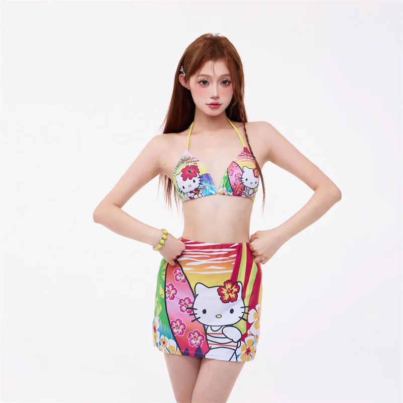 

2023 New Cat Bikini Sexy Three Point Women's Three Piece Skirt Beach Bikini European and American Lovely Tie Rope