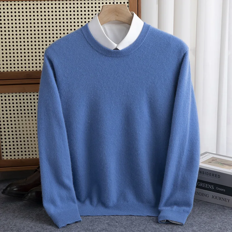 First-Line Ready-To-Wear Men’s O-neck Long-Sleeve Pullovers Spring Fall New 100% Merino Wool Sweater Solid Soft Knit Casual Top