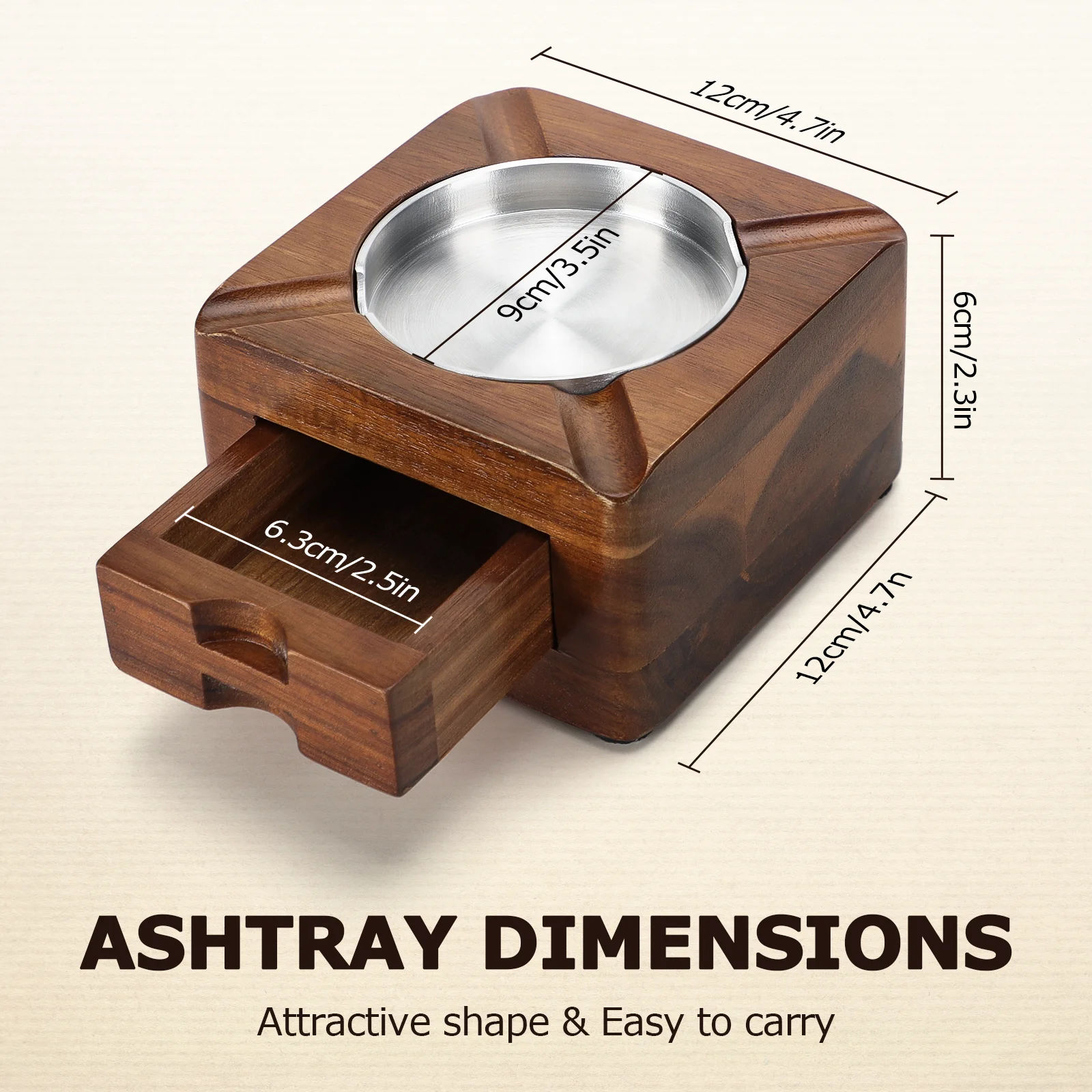 Cigar Ashtray Wooden Ashtray Square Ashtray 4 Slots Cigar Holder Cigar Accessories Drawer for Indoor Outdoor Patio Home Office