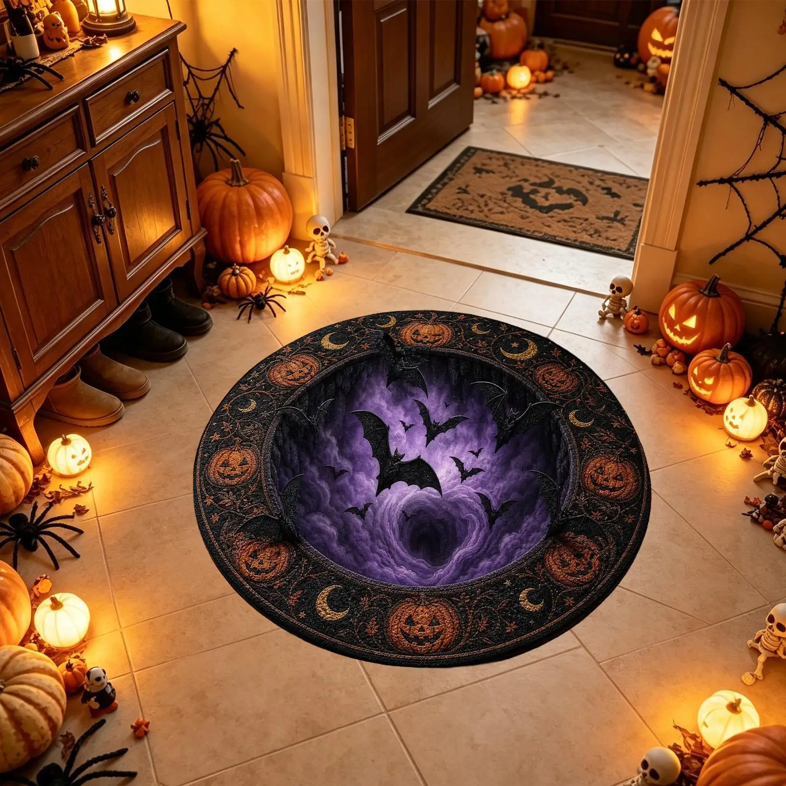 Illusion Rugs Soft Illusion Round Spooky Optical Non-Slip Mat Halloween Kitchen Rugs For Bathroom Bedroom Home Door Staircase