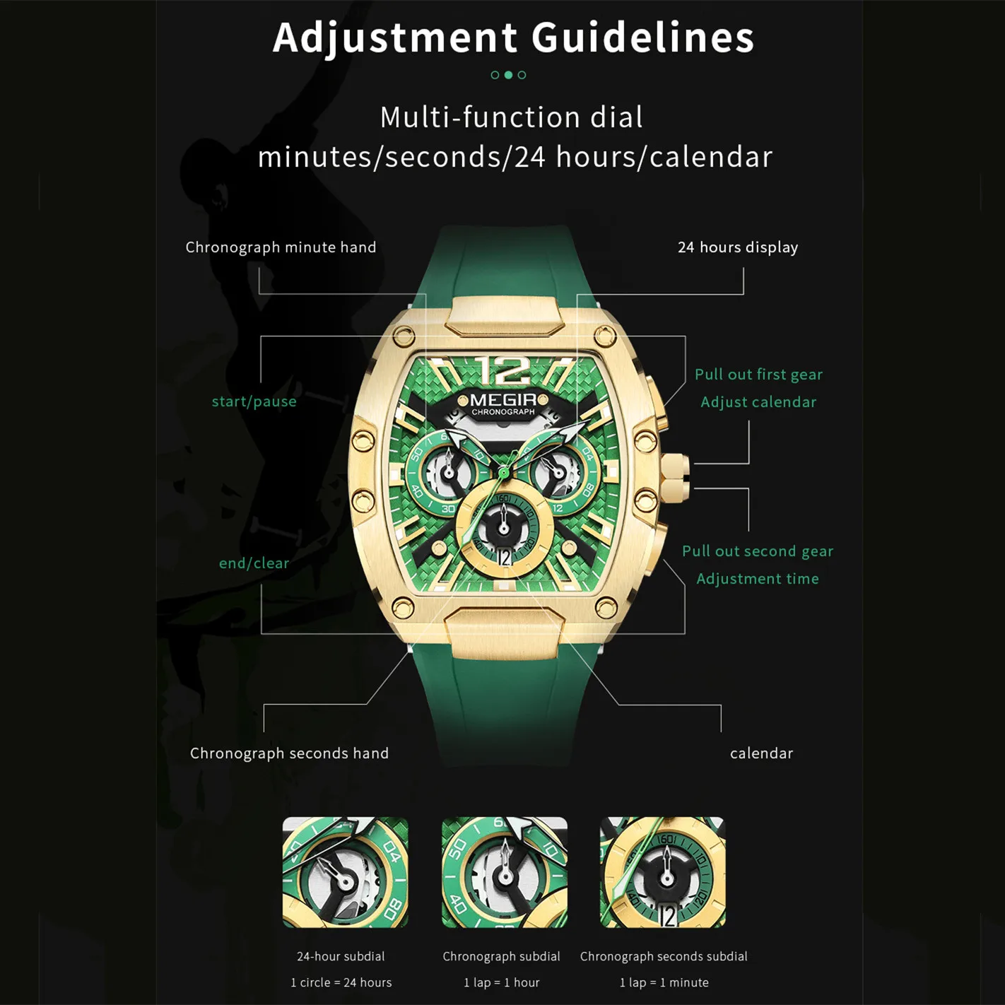 MEGIR الفاخرة الأخضر سيليكون كرونوغراف الرجال الرياضة ساعة تونيو الهاتفي مقاوم للماء الكوارتز العسكرية ساعة اليد 24 ساعة تاريخ Relogio