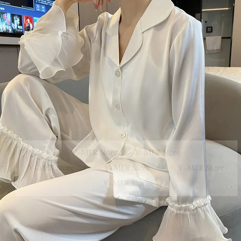 

Белые пижамные комплекты, роскошная пижама из ледяного шелка, Mujer, осенне-весенняя ночная рубашка, пижамы с расклешенными рукавами, Femme, 2 шт., домашняя одежда, пижамы