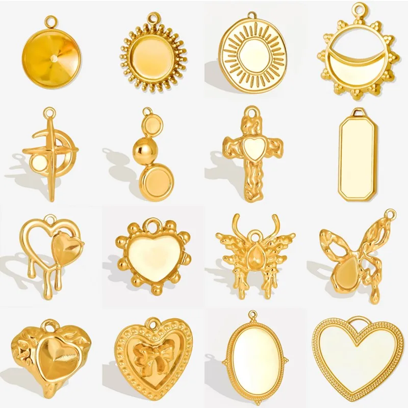 5pcs Real Gold Plated Stainless Steel Cobochons Charms For Jewelry Making Animal Dragonfly Metal Butterfly Spider Heart Settings